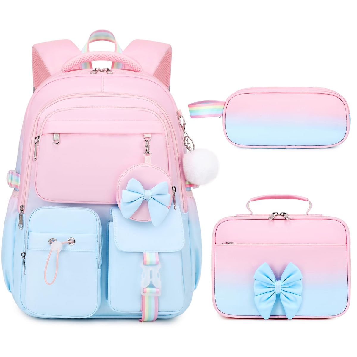 4PCS Girls Backpack for School, Lunch Box and Pencil Pouch(Pink Blue)