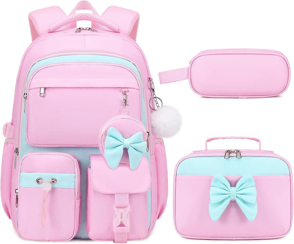 4PCS Girls Backpack for School, Lunch Box and Pencil Pouch(Pink Blue)