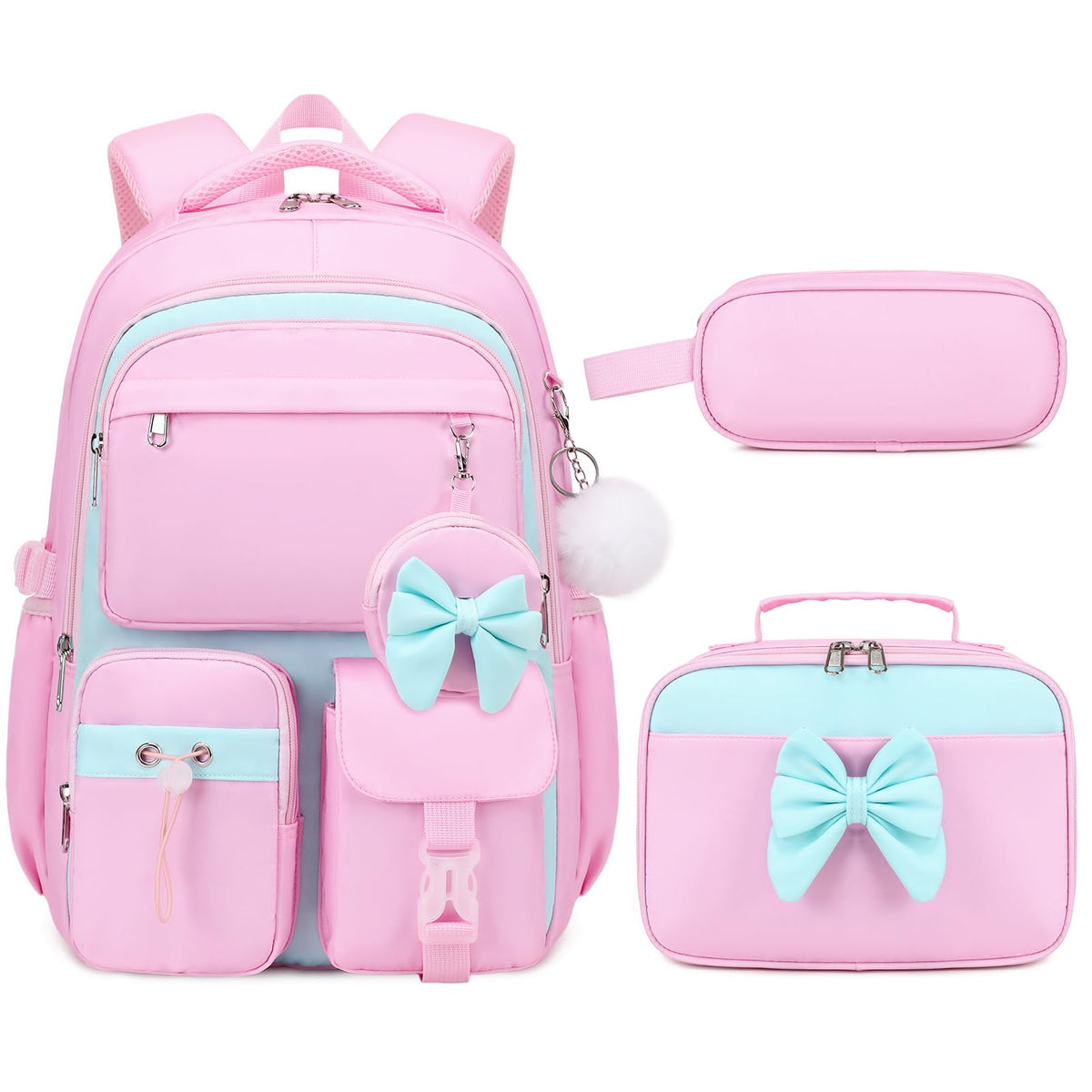 4PCS Girls Backpack for School, Lunch Box and Pencil Pouch(Pink Blue)