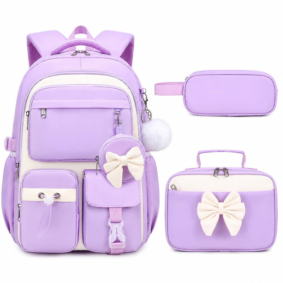 4PCS Girls Backpack for School, Lunch Box and Pencil Pouch(Pink Blue)