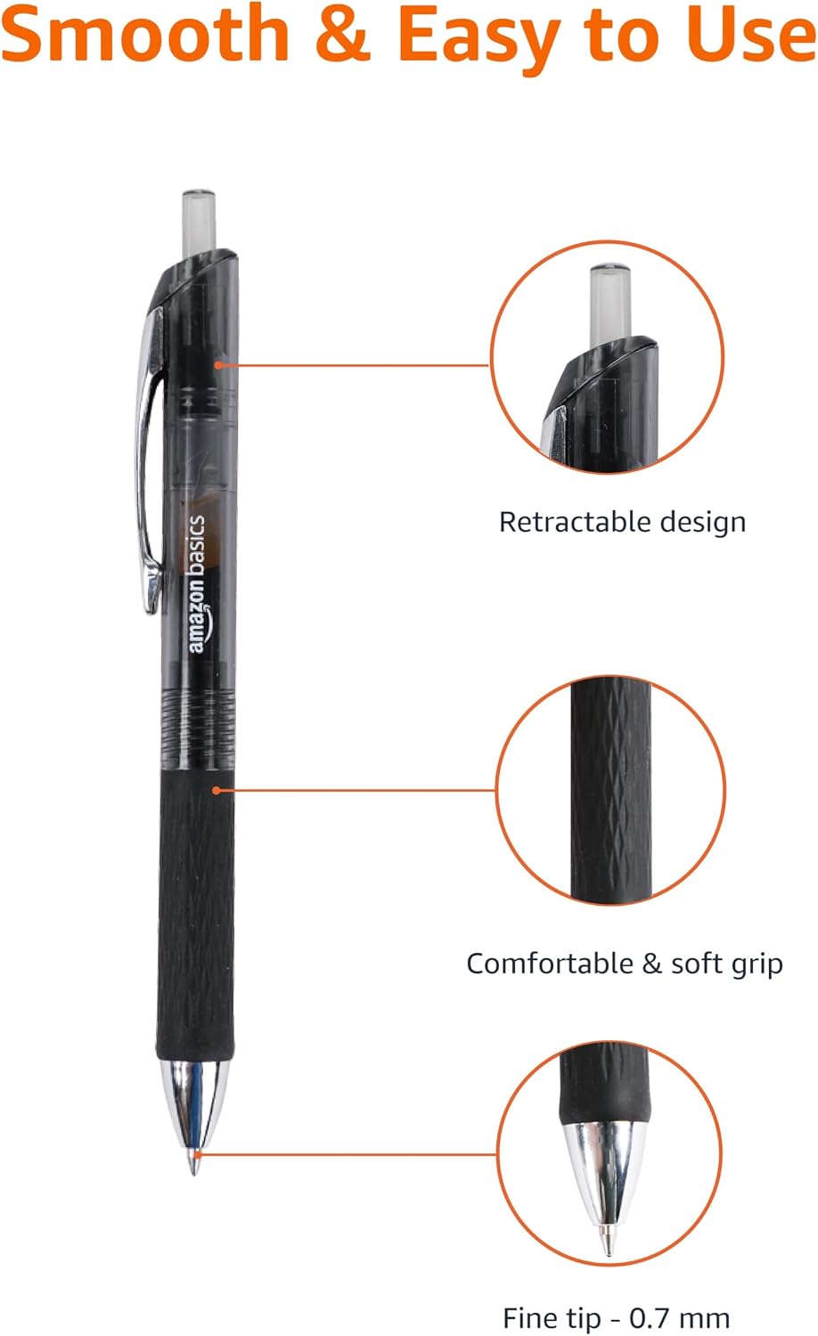 Amazon Basics Retractable Gel Pens, Fine Point 0.7mm, Smooth Writing, Black, No Smudge, School and Office Supplies, 12-Pack
