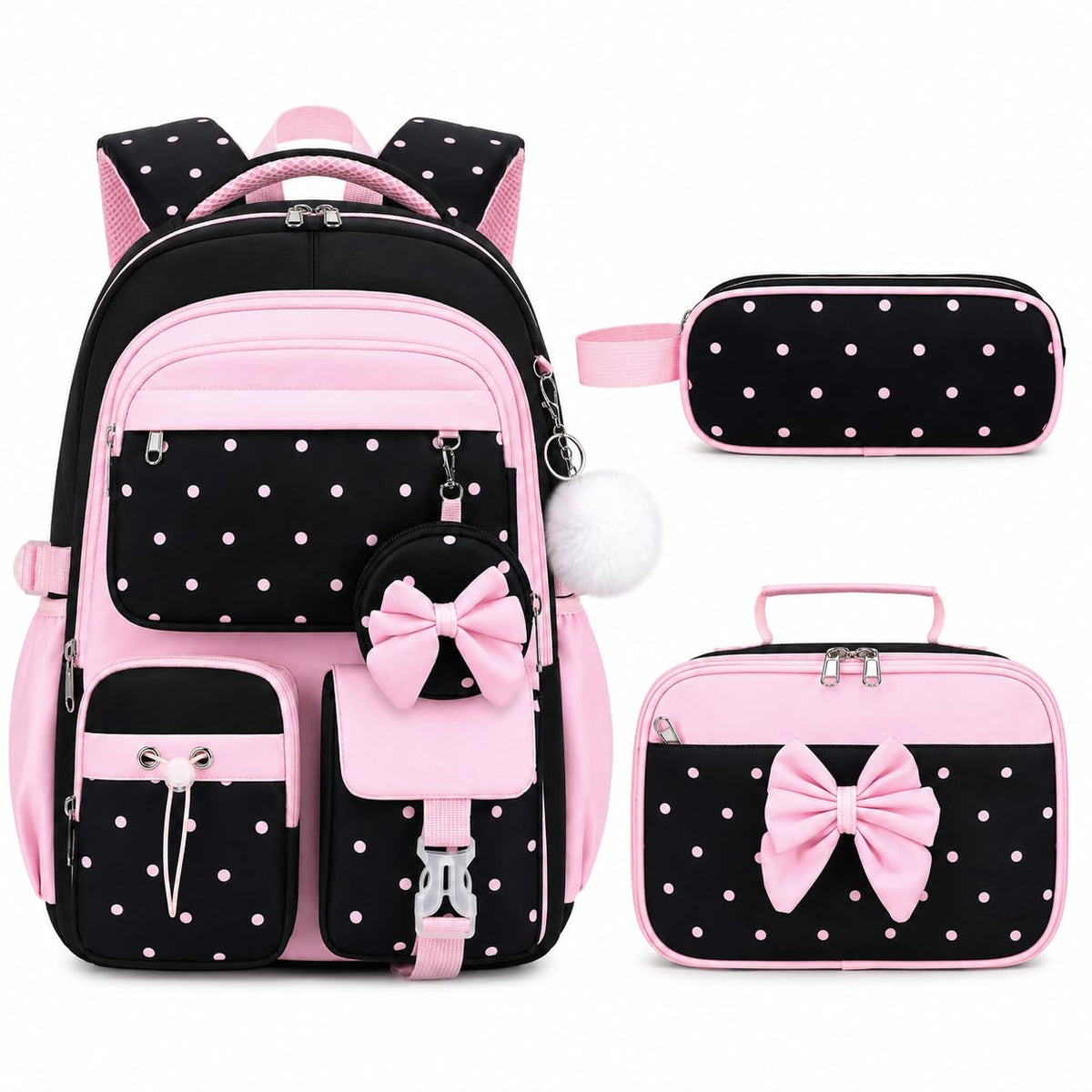 4PCS Girls Backpack for School, Lunch Box and Pencil Pouch(Pink Blue)