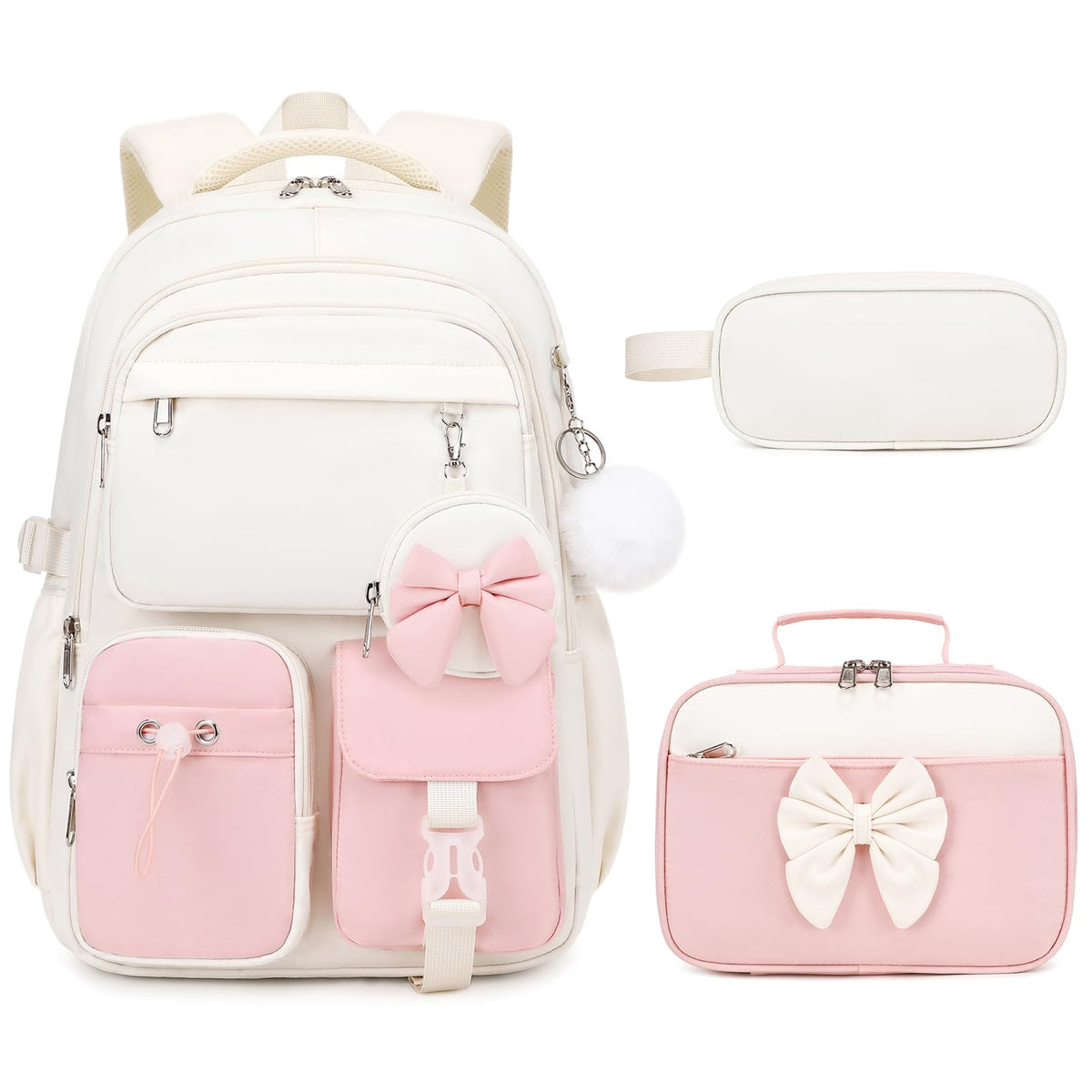 4PCS Girls Backpack for School, Lunch Box and Pencil Pouch(Pink Blue)