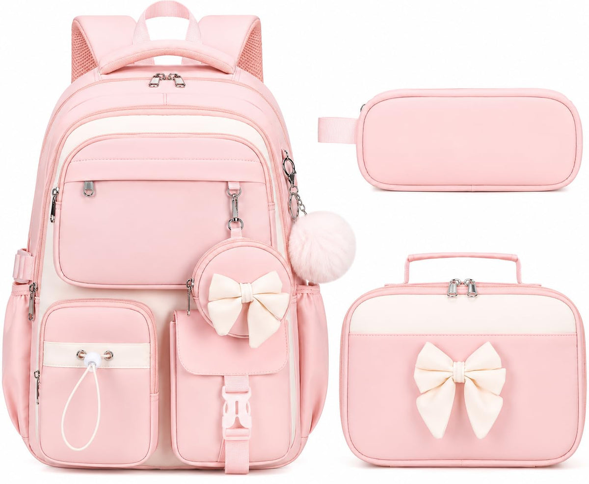 4PCS Girls Backpack for School, Lunch Box and Pencil Pouch(Pink Blue)