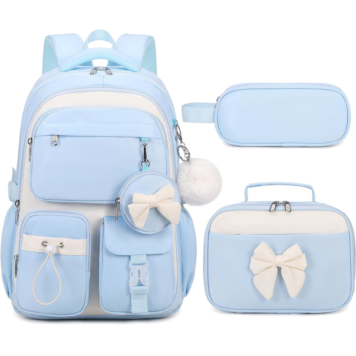 4PCS Girls Backpack for School, Lunch Box and Pencil Pouch(Pink Blue)
