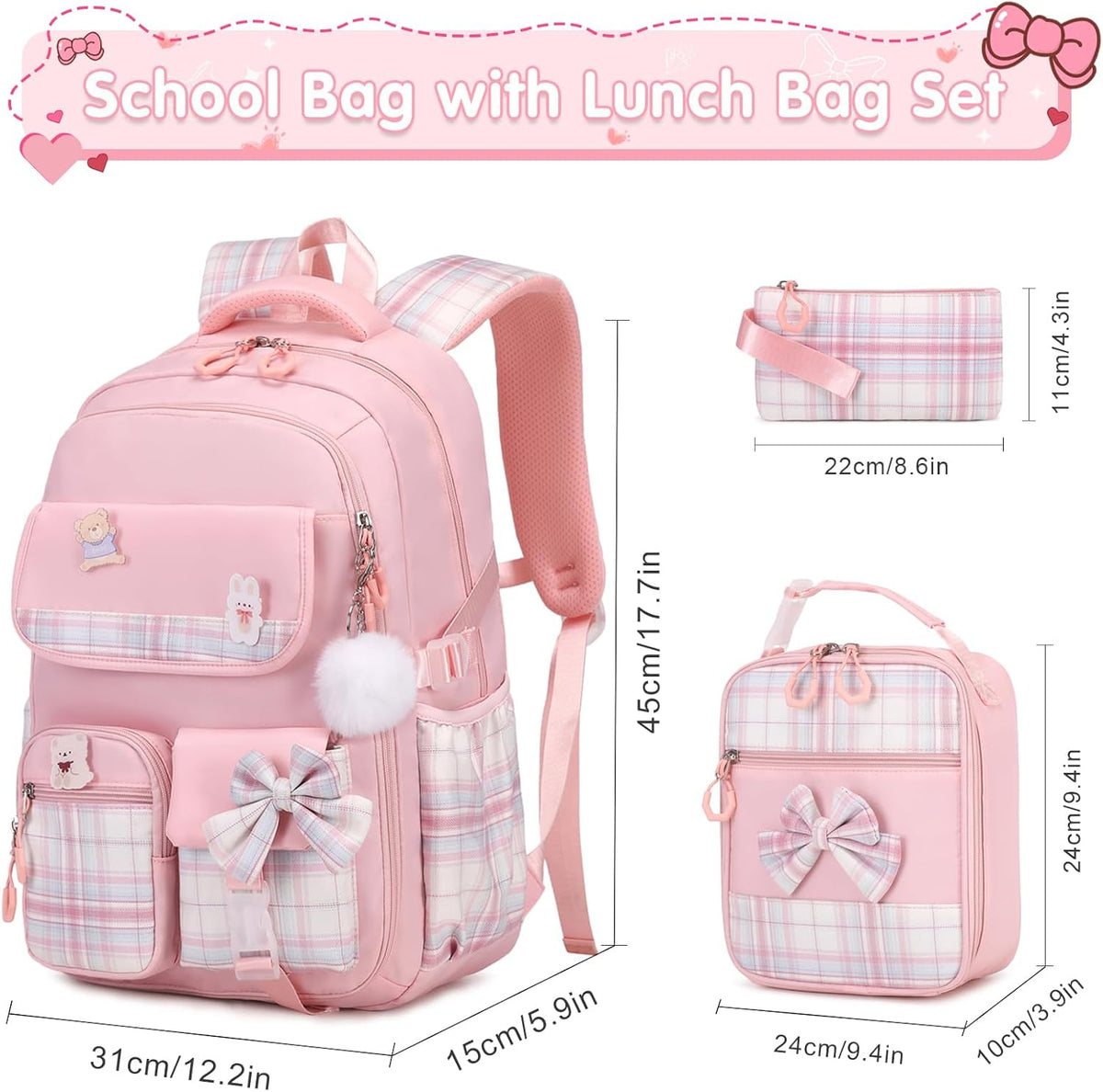 ACESAK 3PCS Bow Backpack for Girls with Lunch Box Pencil Case Set
