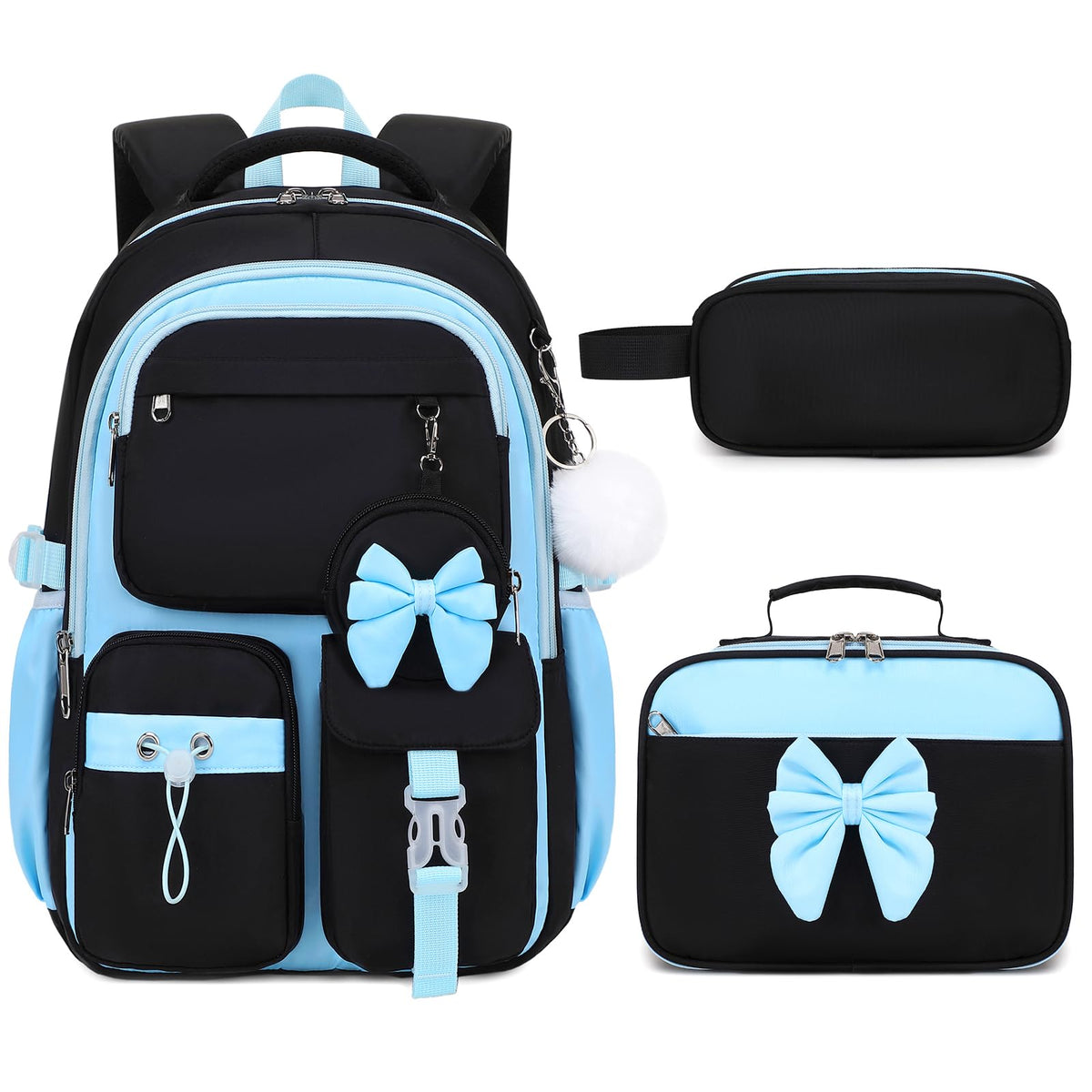 4PCS Girls Backpack for School, Lunch Box and Pencil Pouch(Pink Blue)