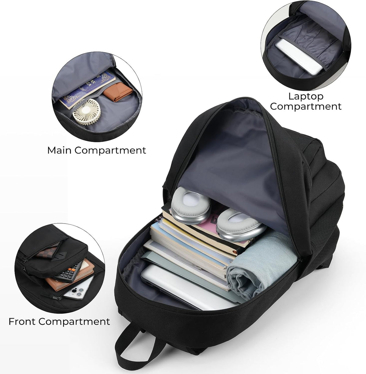 ZUBOND Unisex Black Backpack for School, Lightweight Boys Girls Backpack Fits 15.6 Inch Notebook, Water Bottle Pocket - Ideal for Teens, College Students, Adults