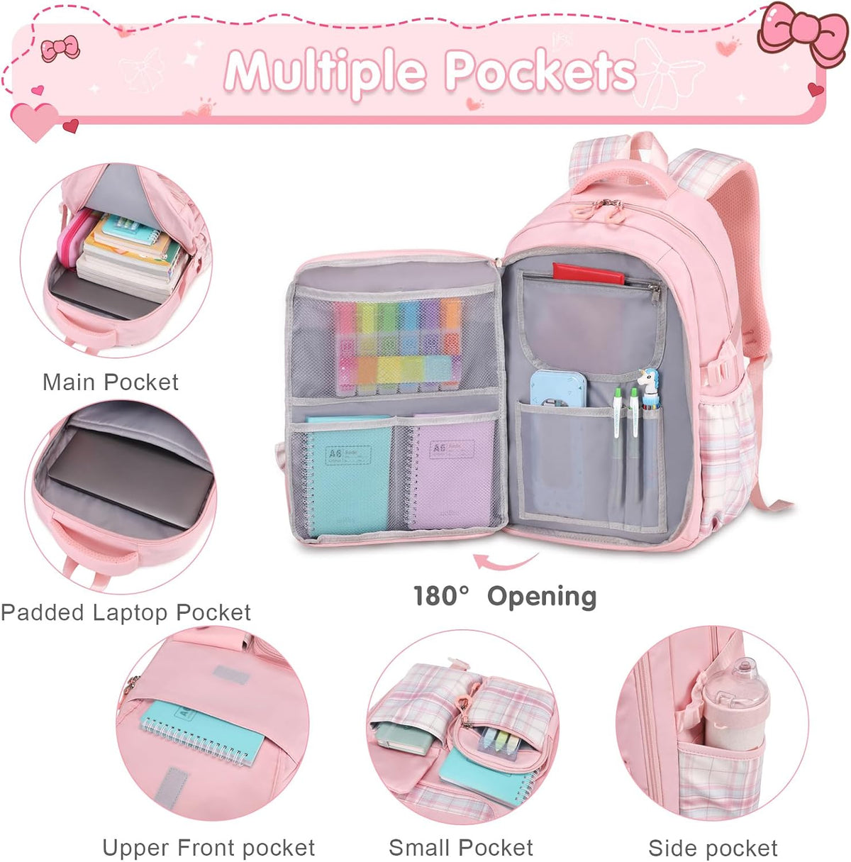 ACESAK 3PCS Bow Backpack for Girls with Lunch Box Pencil Case Set
