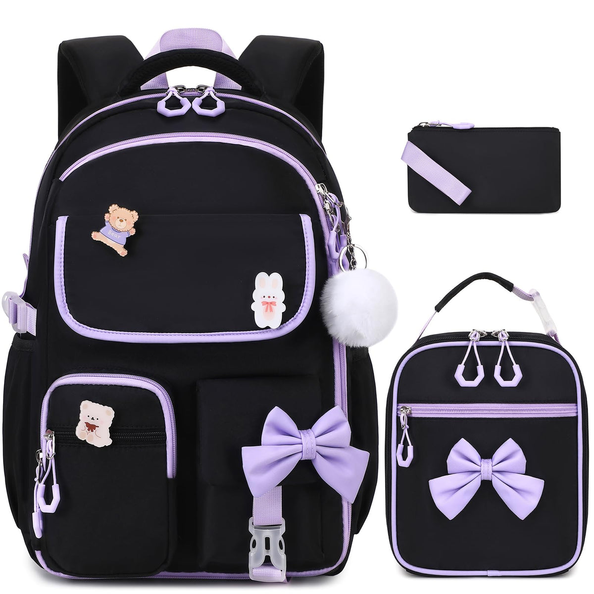 ACESAK 3PCS Bow Backpack for Girls with Lunch Box Pencil Case Set