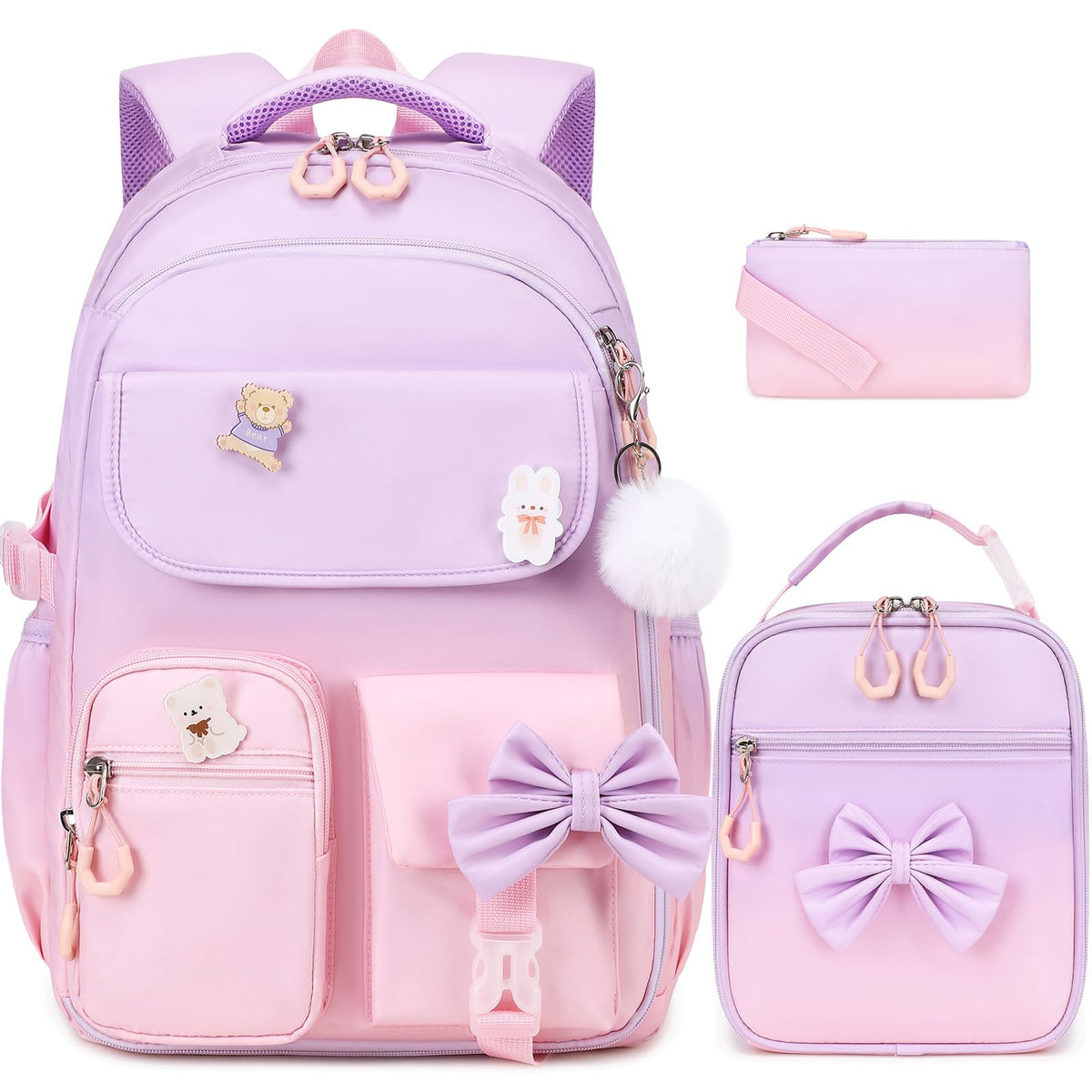 ACESAK 3PCS Bow Backpack for Girls with Lunch Box Pencil Case Set