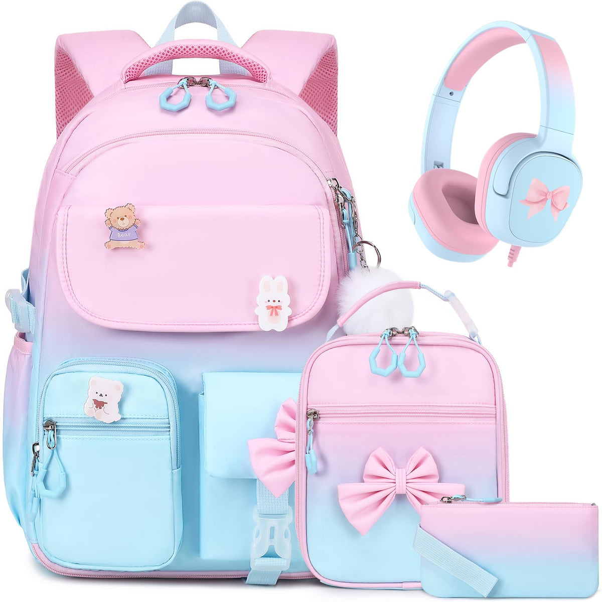 ACESAK 3PCS Bow Backpack for Girls with Lunch Box Pencil Case Set