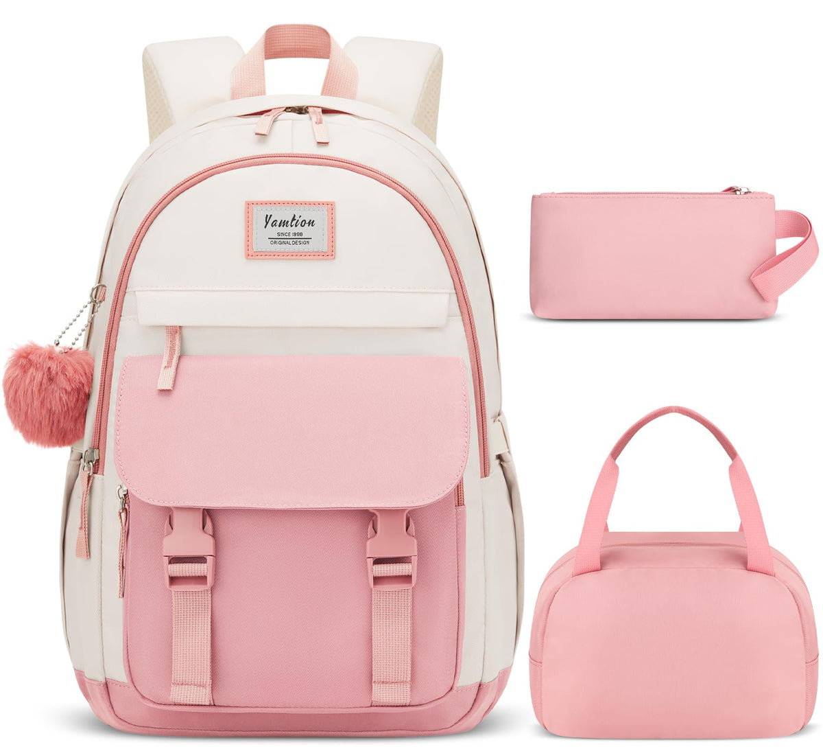 YAMTION School Backpack 3PCS for Teen Girl and Women,Cute Bookbag 15.6 Inch Kawaii Daypack Sets with Lunch Bag Pencil Case Set for Middle High School Collge Students