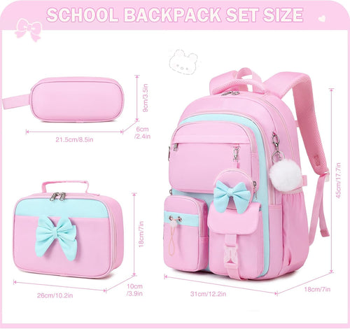 4PCS Girls Backpack for School, Lunch Box and Pencil Pouch(Pink Blue)