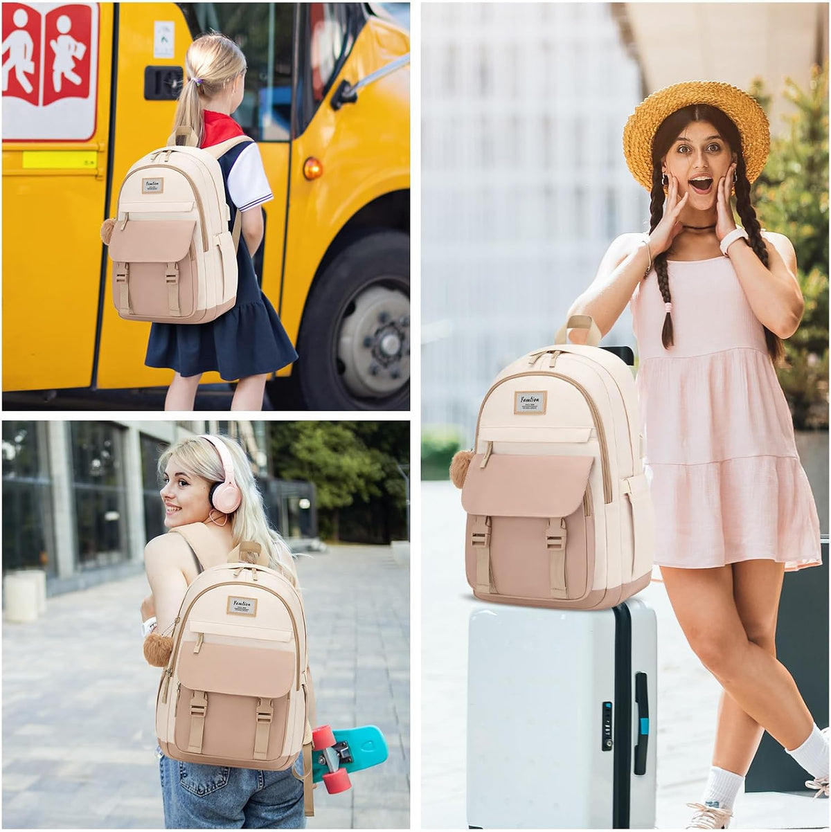 YAMTION School Backpack 3PCS for Teen Girl and Women,Cute Bookbag 15.6 Inch Kawaii Daypack Sets with Lunch Bag Pencil Case Set for Middle High School Collge Students