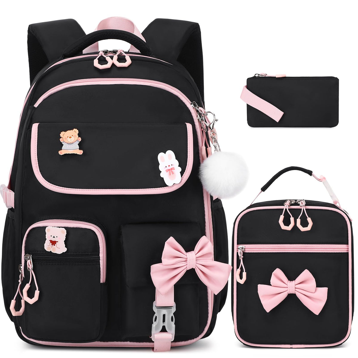 ACESAK 3PCS Bow Backpack for Girls with Lunch Box Pencil Case Set