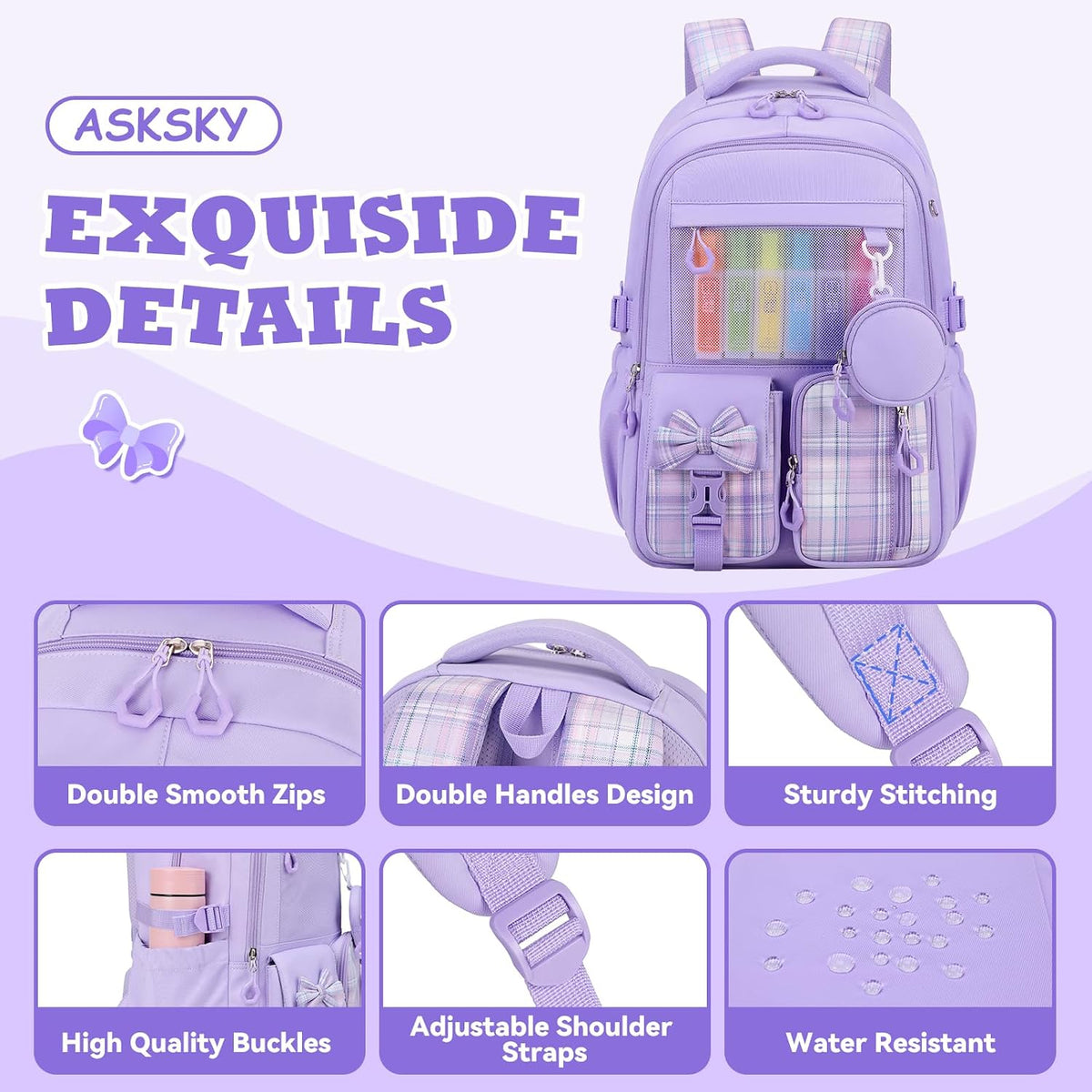 Backpack for School, Kids Backpacks for Girls, Girls Cute Bookbag for Teens, Schoolbag for Elementary Middle School Students, Girl Backpacks Ages 6-8, With Coin Purse, Travel, Camp, Purple Plaid