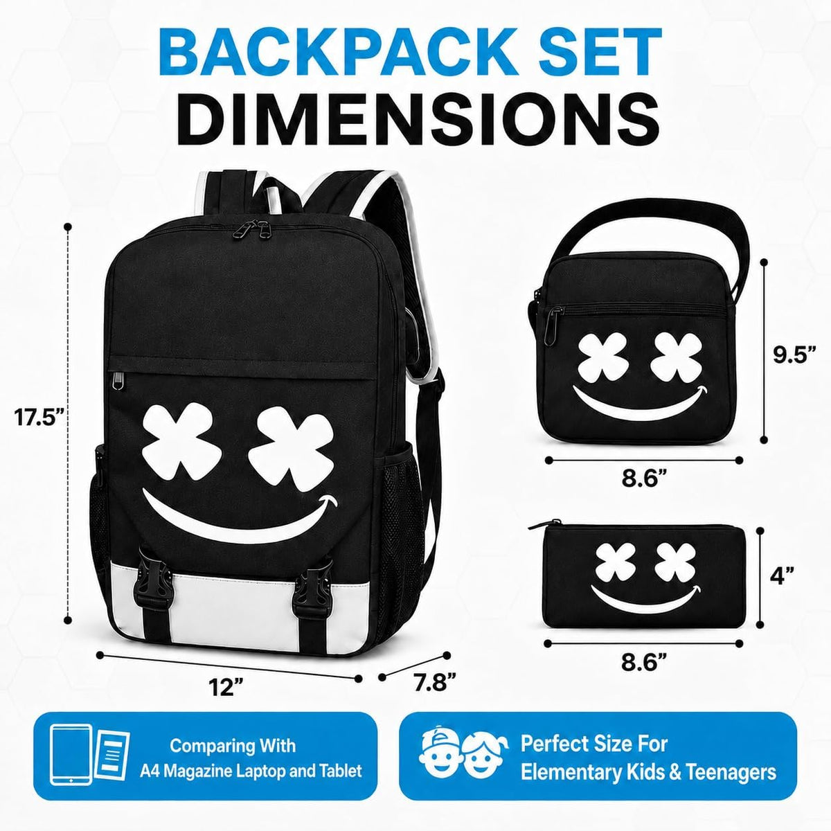 3in1 Backpack for School Boys Bookbag Schoolbag for Kids Girls Children Teens Elementary Middle Mochilas Para Niños Waterproof Cool Luminous Set with USB Charging Port Padlock Shoulder Bag Pencil Case