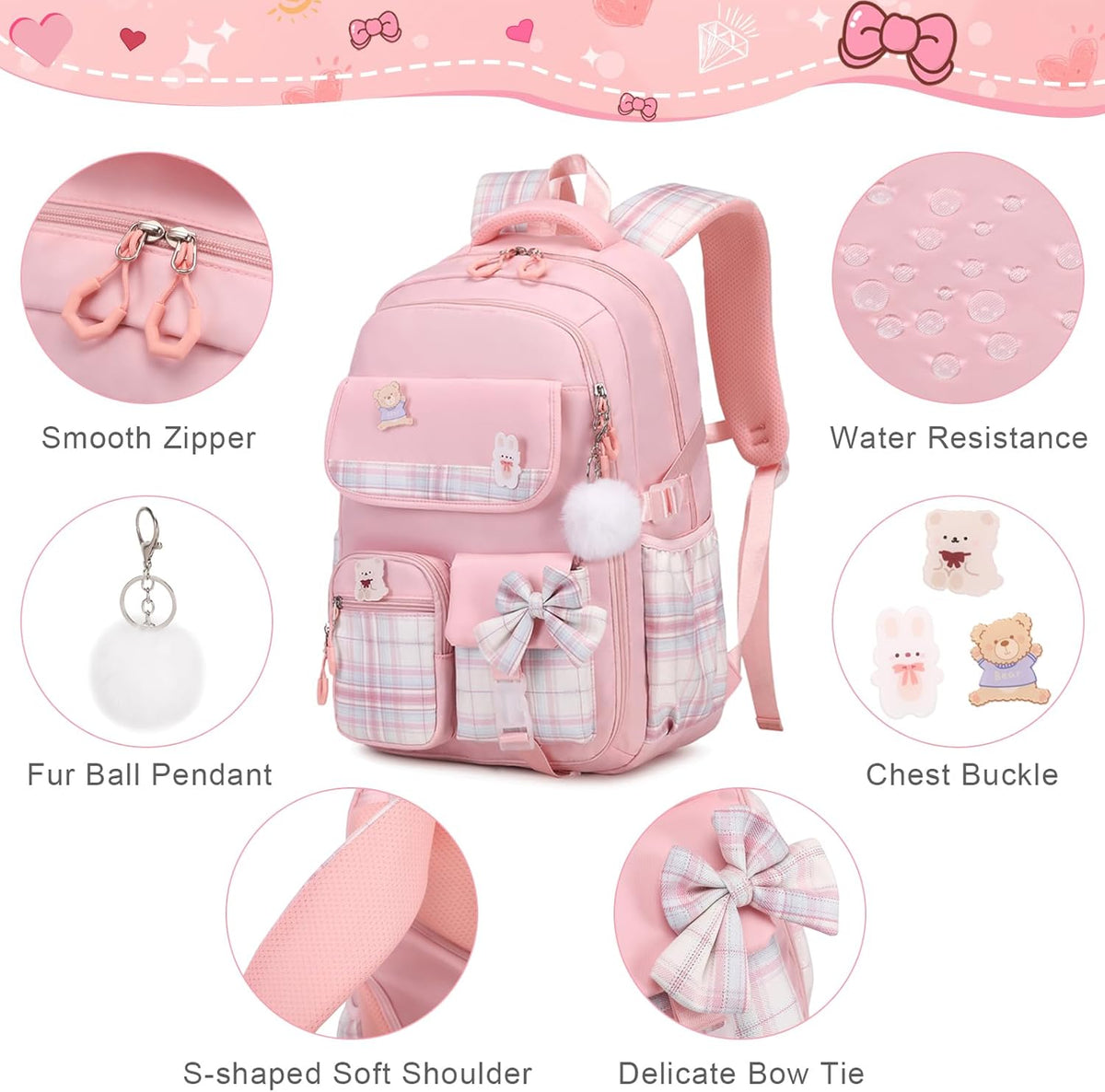 ACESAK 3PCS Bow Backpack for Girls with Lunch Box Pencil Case Set
