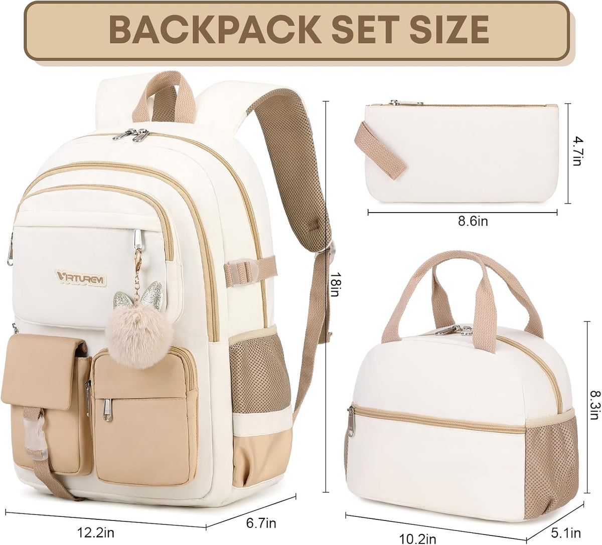 3PCS Girls Backpack for School Kids Schoolbag Teens Book Bag