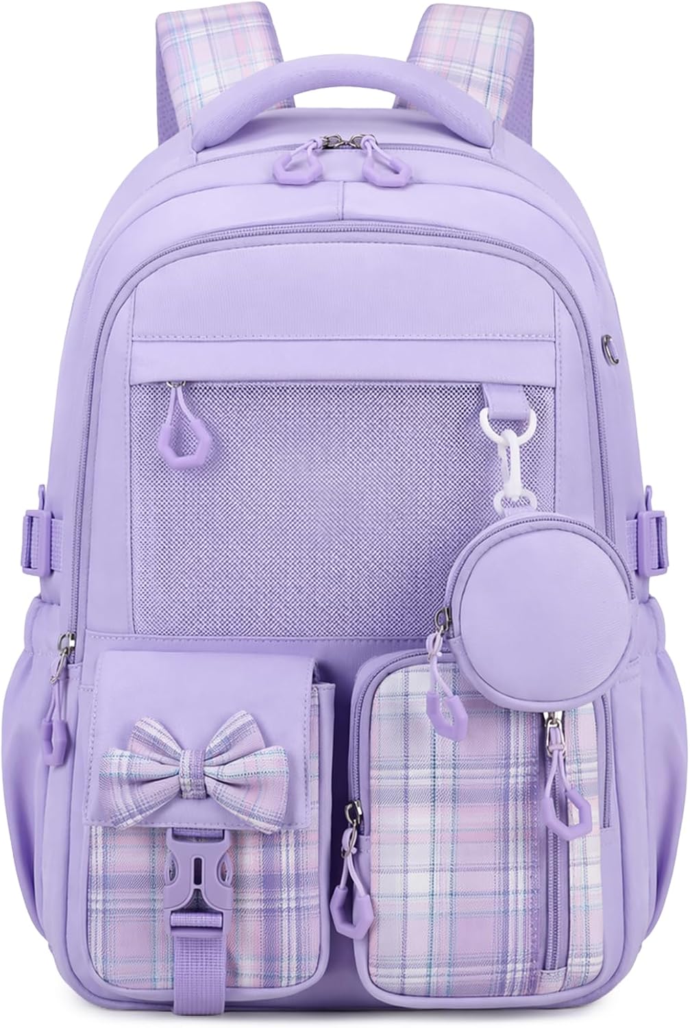 Backpack for School, Kids Backpacks for Girls, Girls Cute Bookbag for Teens, Schoolbag for Elementary Middle School Students, Girl Backpacks Ages 6-8, With Coin Purse, Travel, Camp, Purple Plaid