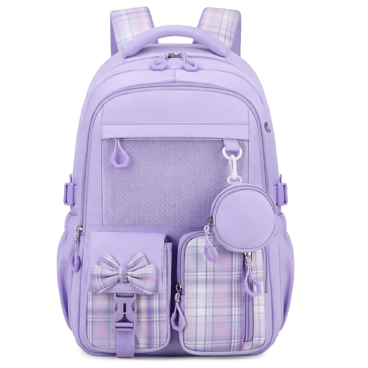 Backpack for School, Kids Backpacks for Girls, Girls Cute Bookbag for Teens, Schoolbag for Elementary Middle School Students, Girl Backpacks Ages 6-8, With Coin Purse, Travel, Camp, Purple Plaid