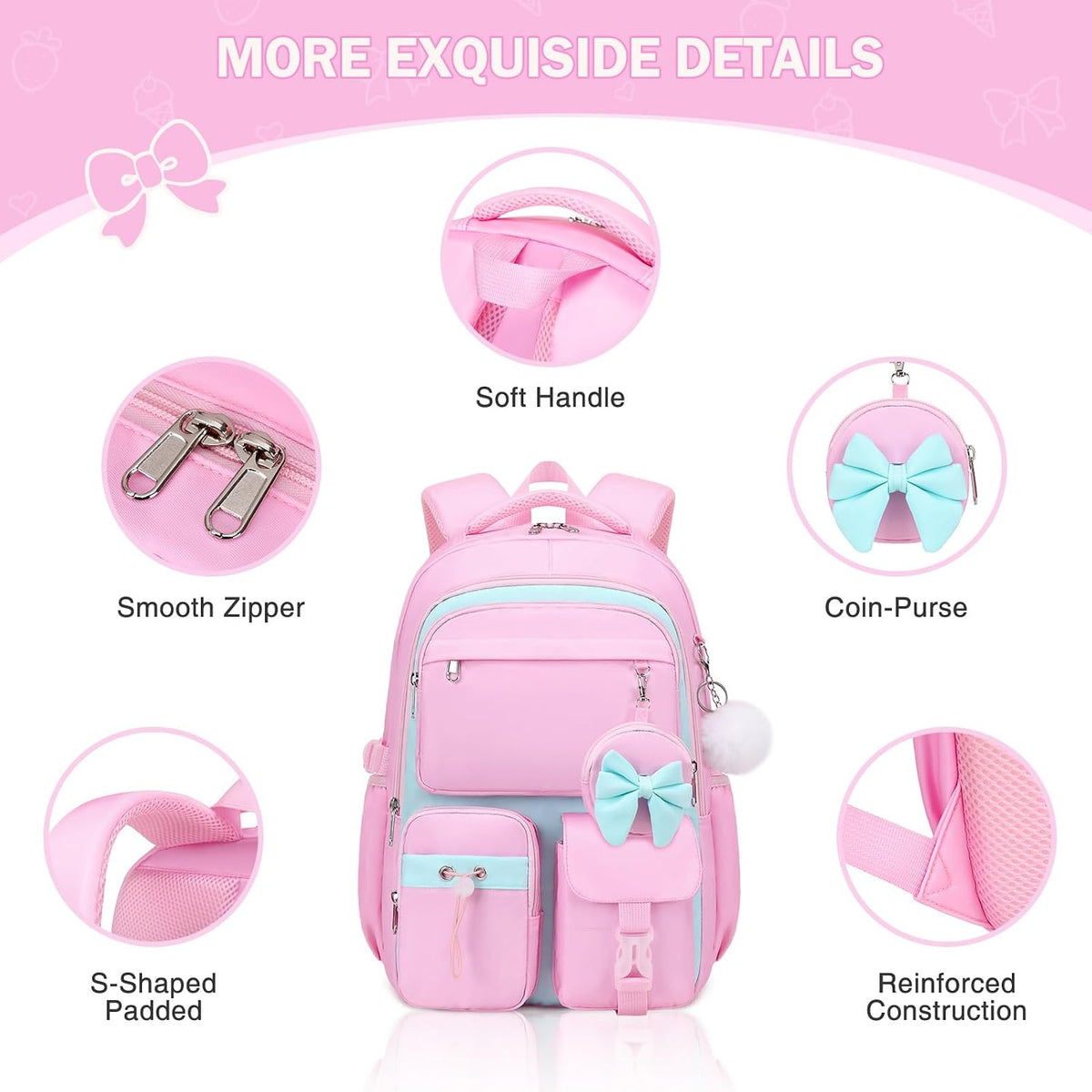 4PCS Girls Backpack for School, Lunch Box and Pencil Pouch(Pink Blue)