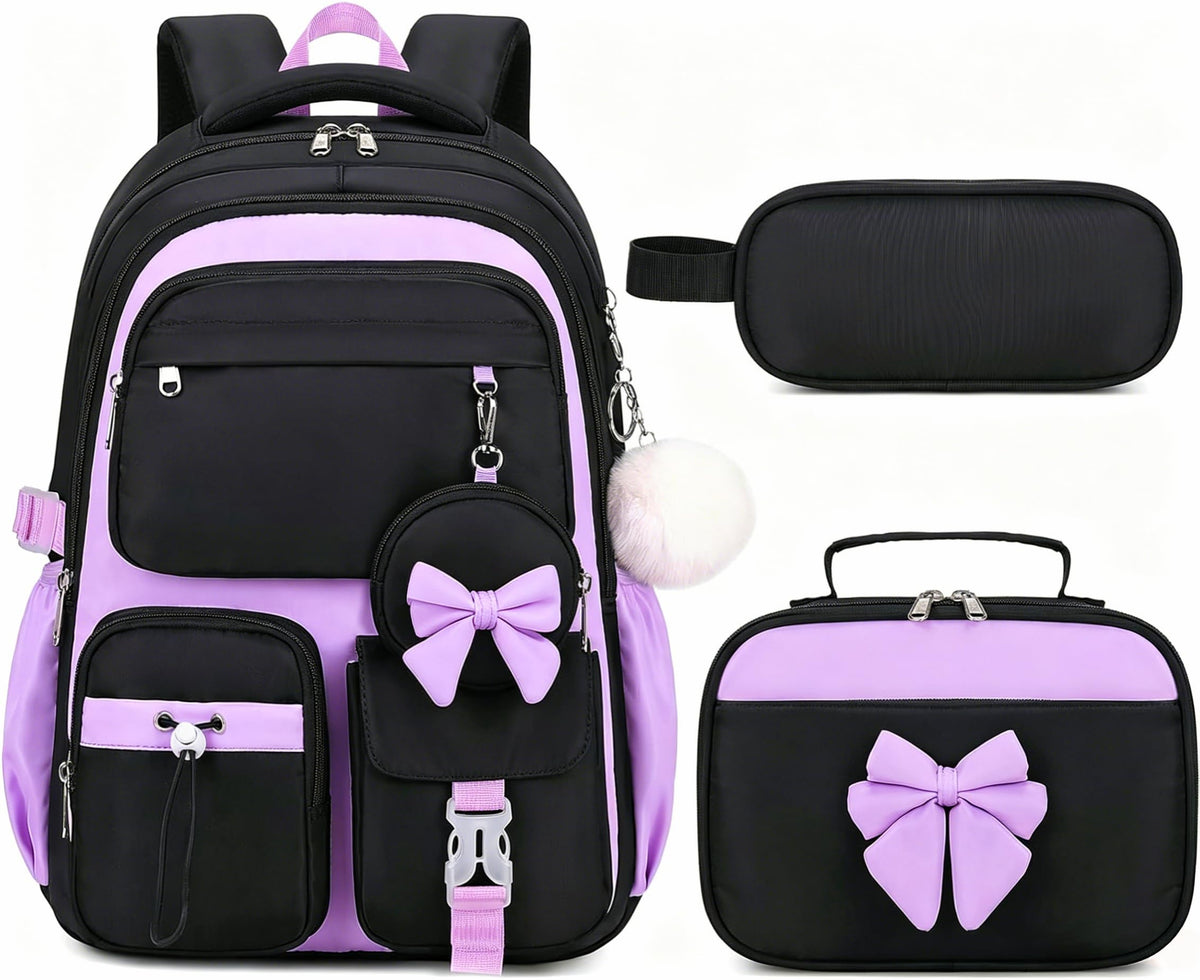4PCS Girls Backpack for School, Lunch Box and Pencil Pouch(Pink Blue)