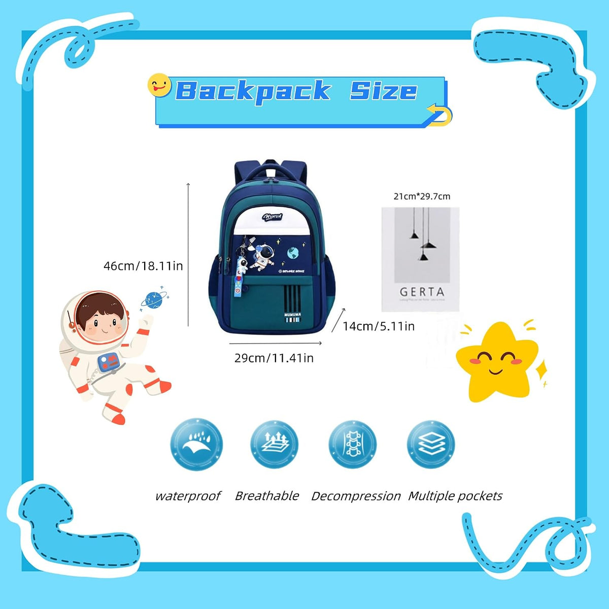 ZHANAO Boys Backpack Astronaut Sports Kids Backpack Space Schoolbag for Girls&Boys Elementary Student Bookbag
