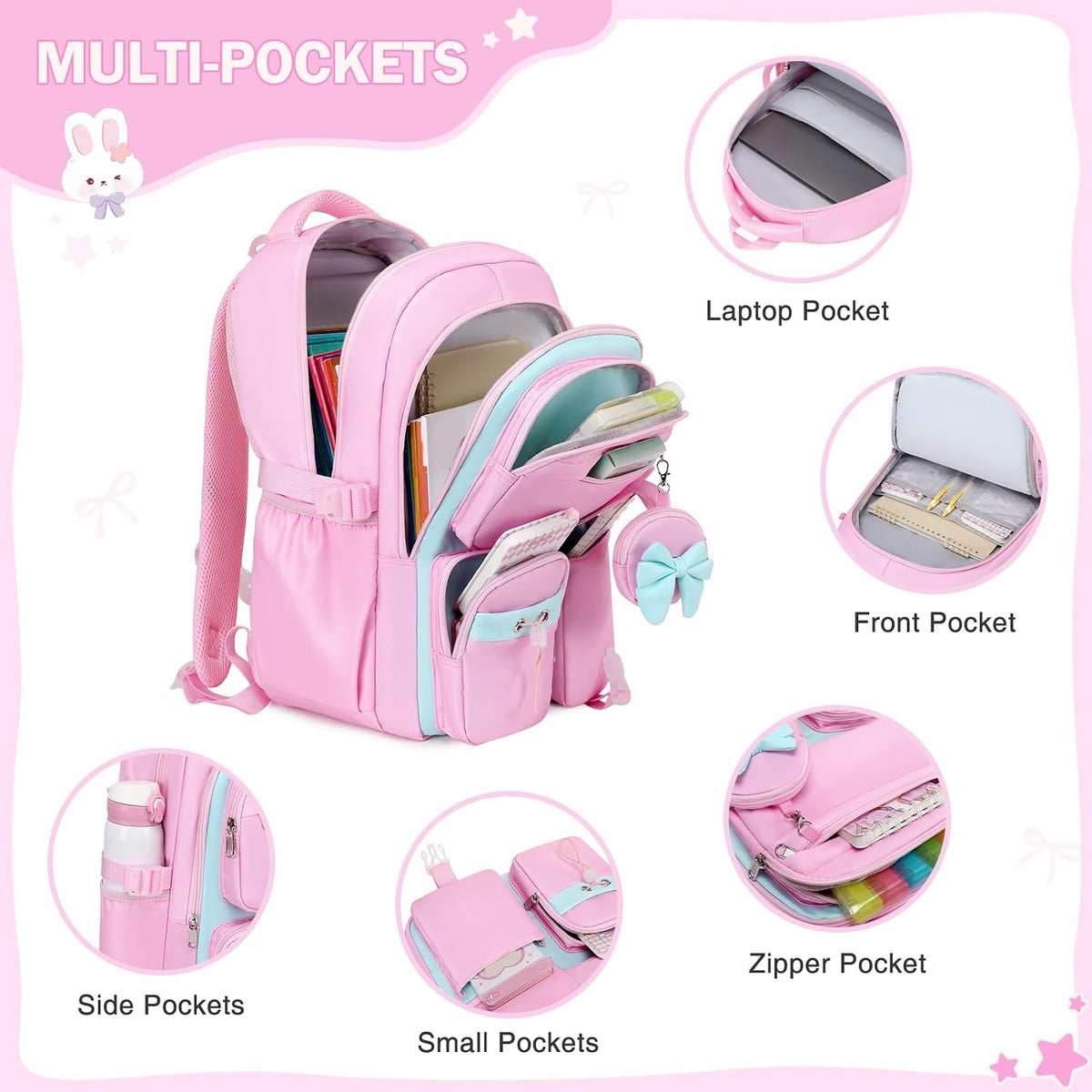 4PCS Girls Backpack for School, Lunch Box and Pencil Pouch(Pink Blue)