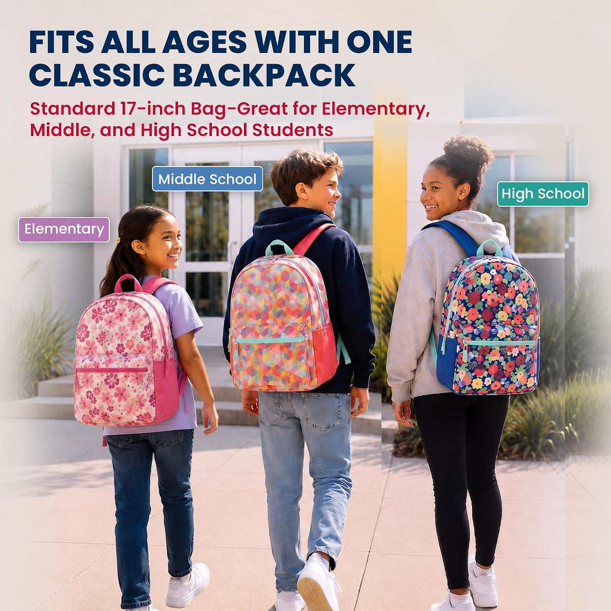 17" Backpacks in Bulk, Elementary, Middle, & High School, Assorted Colors