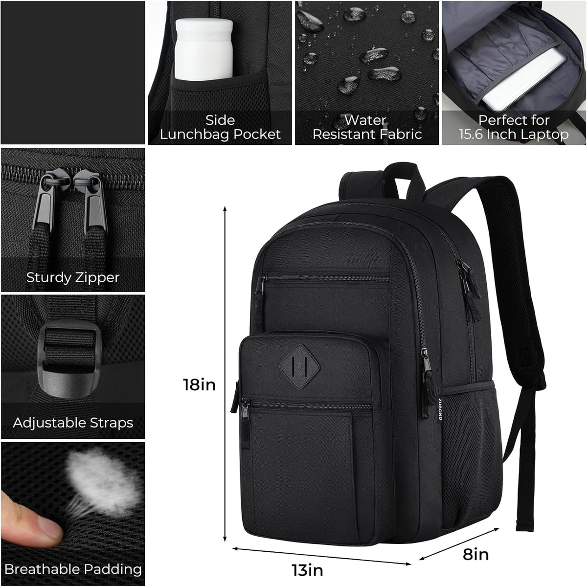 ZUBOND Unisex Black Backpack for School, Lightweight Boys Girls Backpack Fits 15.6 Inch Notebook, Water Bottle Pocket - Ideal for Teens, College Students, Adults