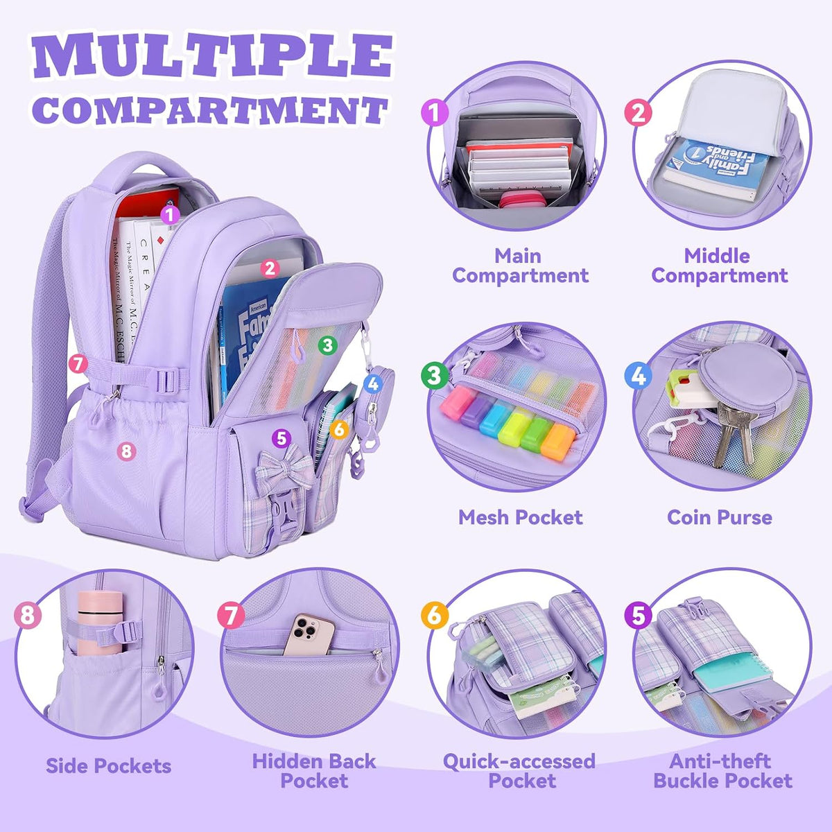 Backpack for School, Kids Backpacks for Girls, Girls Cute Bookbag for Teens, Schoolbag for Elementary Middle School Students, Girl Backpacks Ages 6-8, With Coin Purse, Travel, Camp, Purple Plaid
