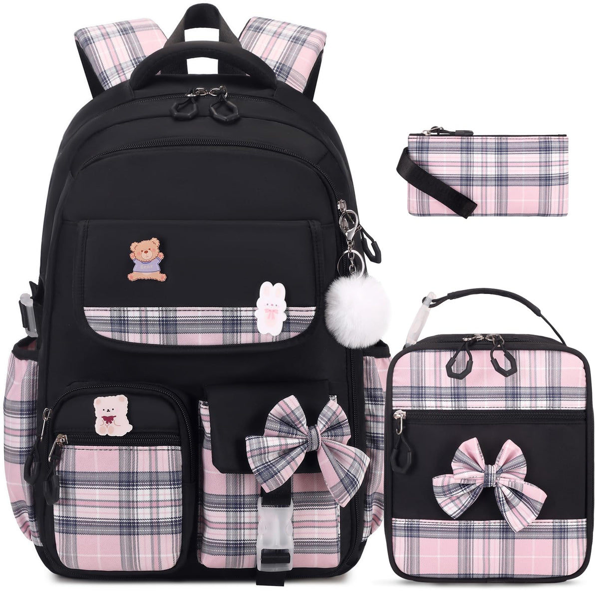 ACESAK 3PCS Bow Backpack for Girls with Lunch Box Pencil Case Set