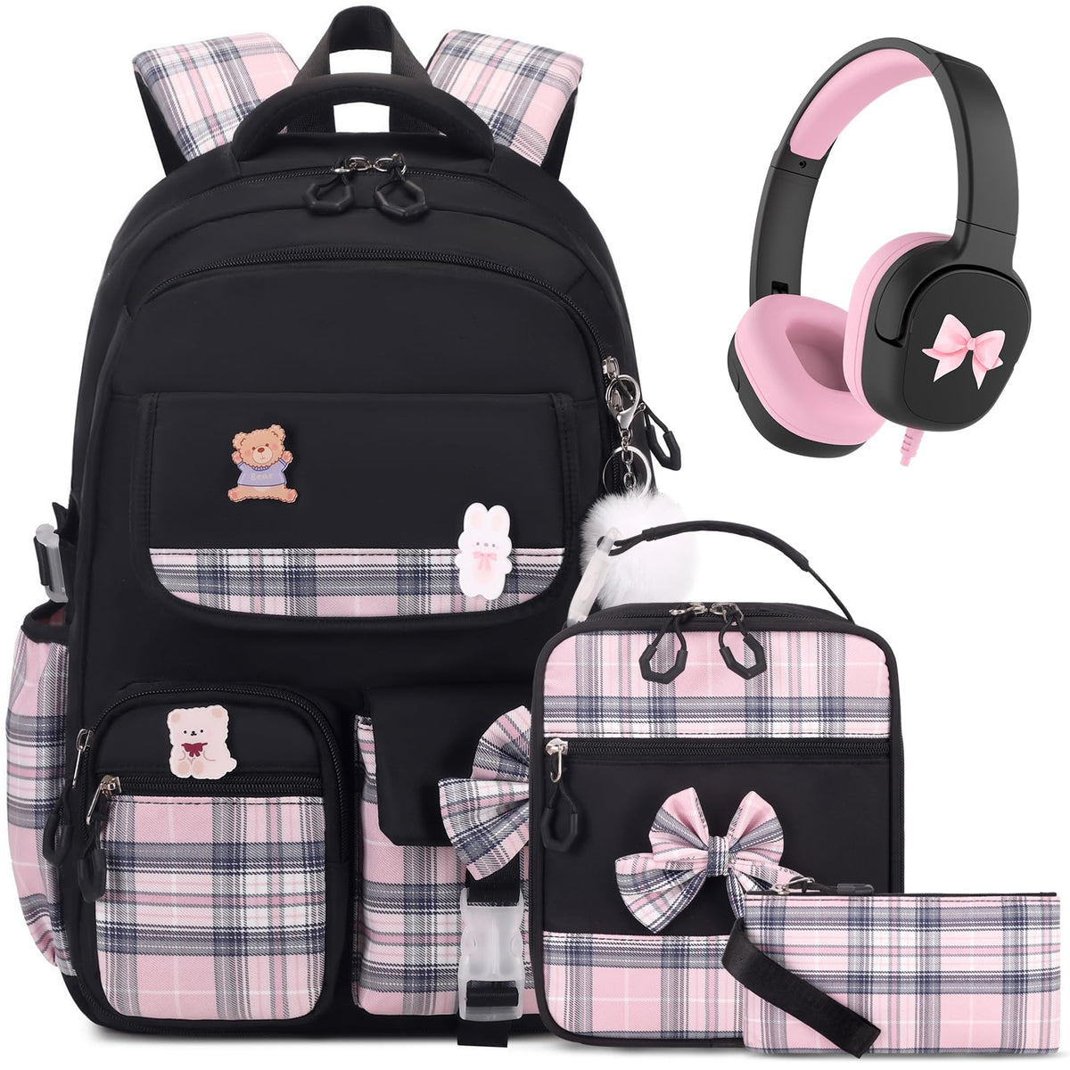 ACESAK 3PCS Bow Backpack for Girls with Lunch Box Pencil Case Set