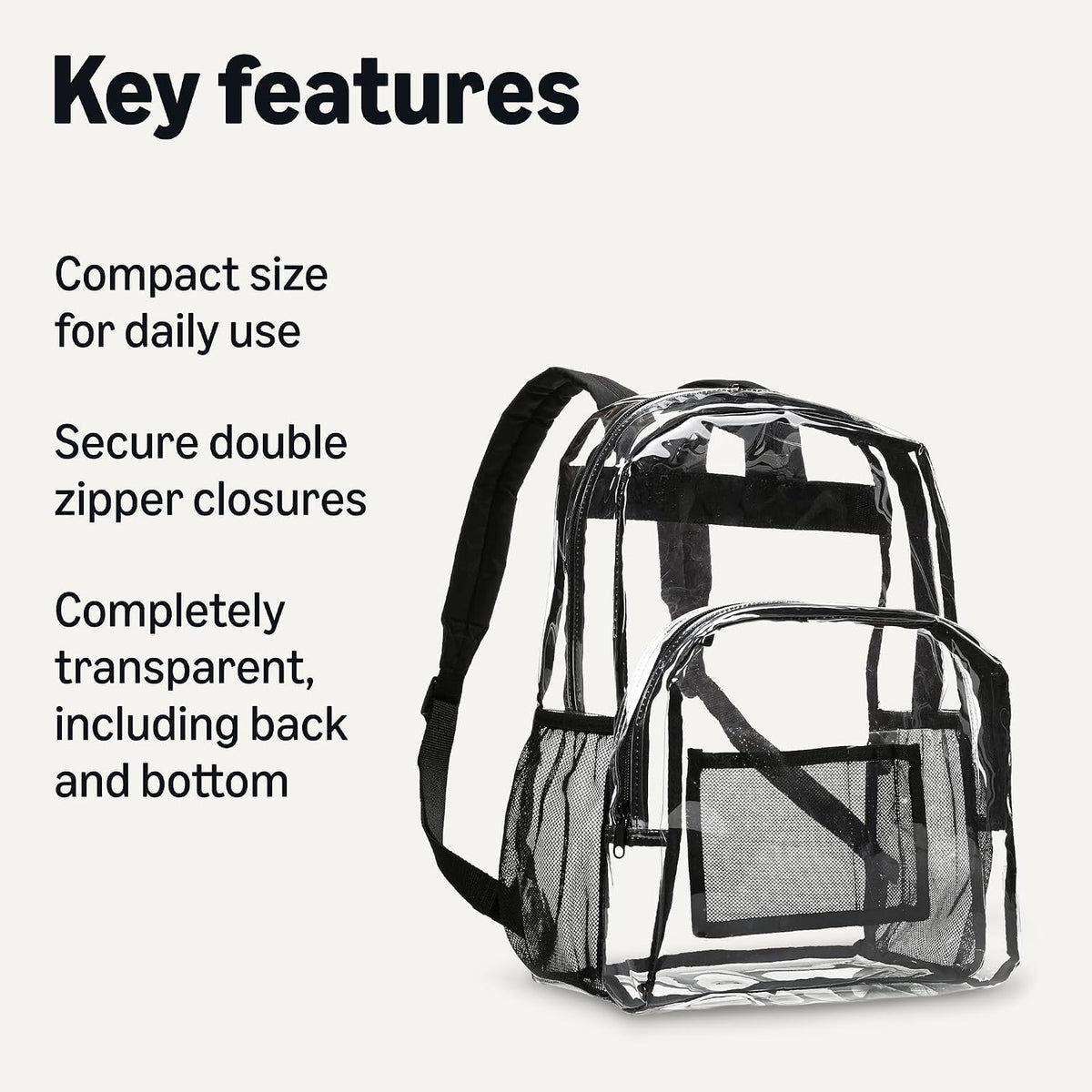 Amazon Basics Transparent Clear School Backpack, Water-Resistant PVC Plastic, Reinforced Shoulder Straps, 17 x 7 x 13 in