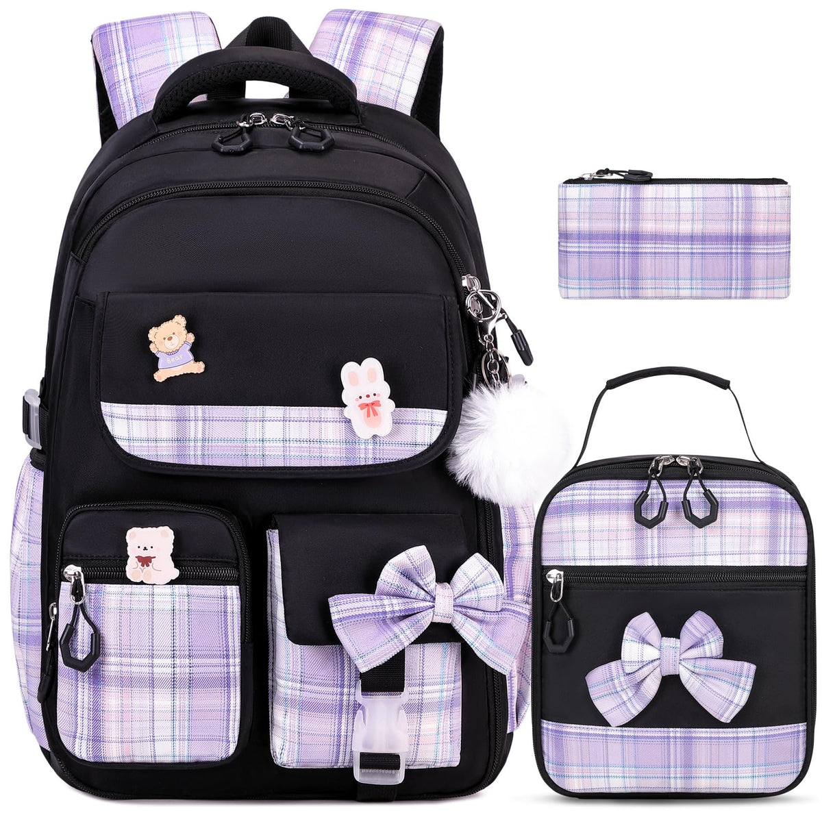 ACESAK 3PCS Bow Backpack for Girls with Lunch Box Pencil Case Set