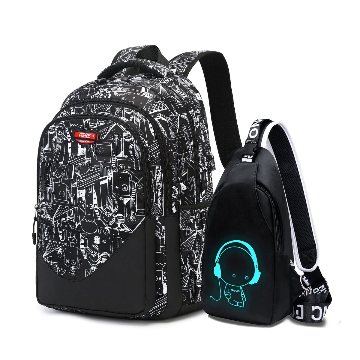 Asge School Backpack for Boys Print Backpack Teenagers Nylon Large School Bag Outdoor Reflective Daypack
