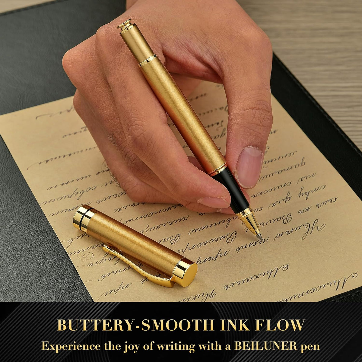 BEILUNER Rollerball Pens, Stainless Steel with Golden Trim, Luxury Pen Set