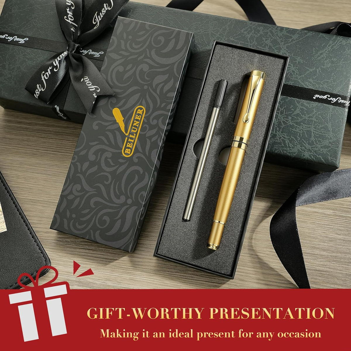 BEILUNER Rollerball Pens, Stainless Steel with Golden Trim, Luxury Pen Set